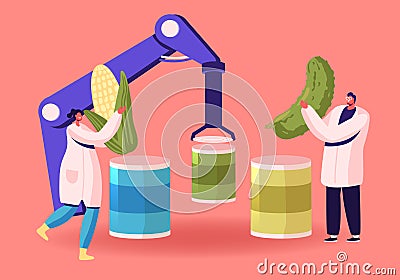 Canning Factory with Smart Robotics Technologies Concept. Workers Put Fresh Vegetables to Canning Containers Vector Illustration