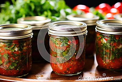 canning homemade salsa in mason jars Stock Photo