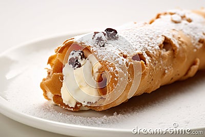 Cannoli, pastry shell filled with ricotta cheese, chocolate chips, candied fruit. Generative AI. Stock Photo