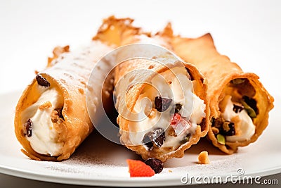 Cannoli, pastry shells filled with ricotta cheese, chocolate chips, candied fruit. Generative AI. Stock Photo