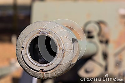 Cannon barrel muzzle brake outlet. Stock Photo