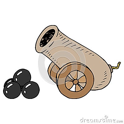 Cannon on wheels. Cannon with cannonballs. Cannonballs stacked near the cannon. Vector illustration Vector Illustration