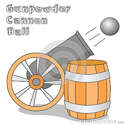 Cannon, gunpowder plot. Old cannon with wheels. Wooden powder barrel, cask. Retro gun shooting, sulfur, charcoal potassium nitrate Vector Illustration