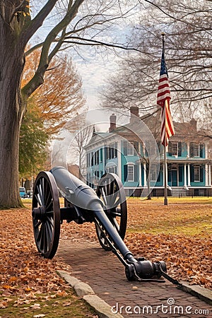 cannon in a historic military park with american flag at half-mast Stock Photo