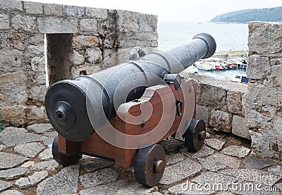 Cannon in the rampant in castle of Dubrovnik Stock Photo