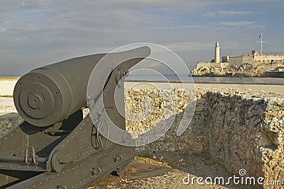 Cannon and sentry tower at El Morro Fort, Castillo del Morro, in Havana, Cuba Stock Photo