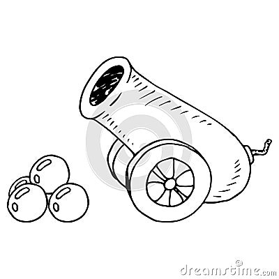 Cannon on wheels. Cannon with cannonballs. Cannonballs stacked near the cannon. Vector illustration Vector Illustration