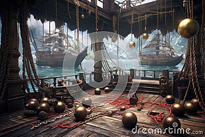 cannonballs and weapons scattered around a pirate ships deck Stock Photo