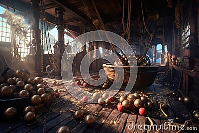 cannonballs and weapons scattered around a pirate ships deck Stock Photo