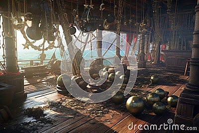 cannonballs and weapons scattered around a pirate ships deck Stock Photo