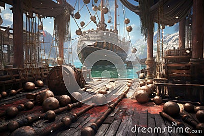 cannonballs and weapons scattered around a pirate ships deck Stock Photo