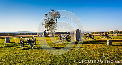 Cannons and monuments in Gettysburg, Pennsylvania. Stock Photo