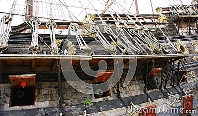 Cannons on a pirate ship in the port of Genoa Stock Photo