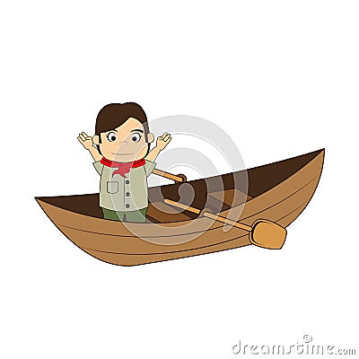 Canoe with child explorer and rowing Vector Illustration
