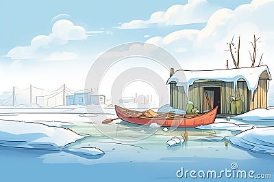 canoe frozen to a snow drift near an icy water dock Stock Photo