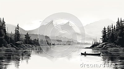 Black And White Canoe Painting: Detailed Lake Scene Illustration Cartoon Illustration