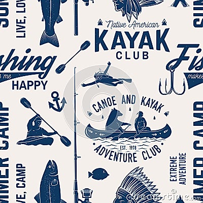 Canoe, Kayak and fishing Club seamless pattern. Vector Illustration