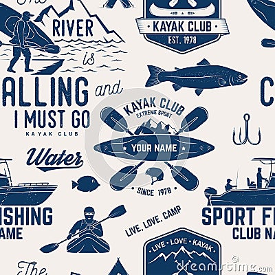 Canoe, Kayak and fishing Club seamless pattern. Vector Illustration