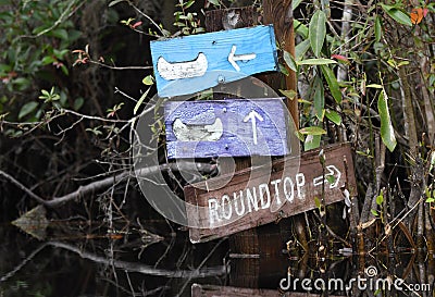 Round Top Shelter canoe kayak trail directional sign in Okefenokee National Wildlife Refuge, Georgia USA Stock Photo