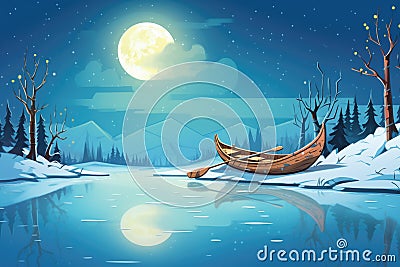 canoe resting on snowy lake bank by moonlight Stock Photo