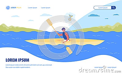 Canoe Water Sport Banner with Man Rowing Kayak Vector Illustration