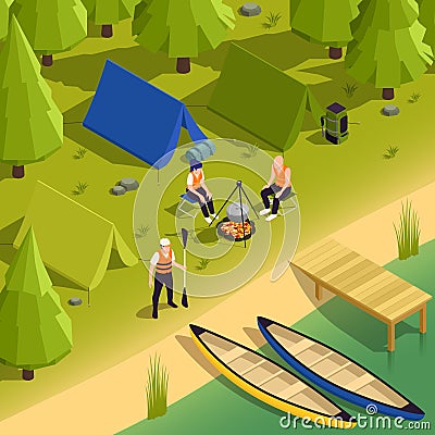 Canoeing Kayaking Campsite Isometric View Vector Illustration