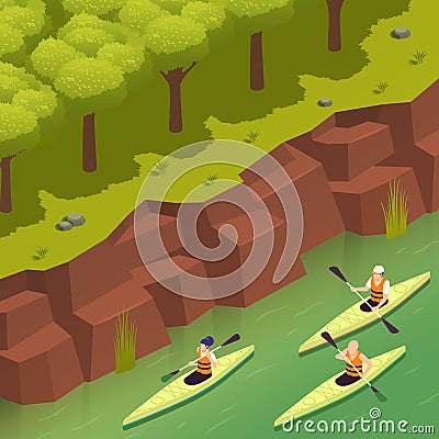 Canoeing Kayaking Isometric Compositing Vector Illustration