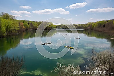 canoeists and kayakers paddling through serene waters on a picturesque day Stock Photo