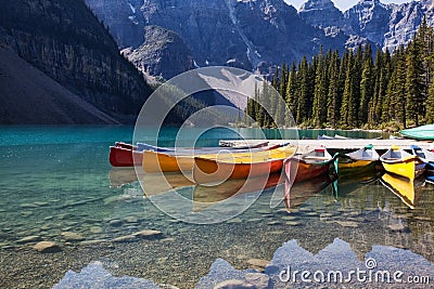 Canoes on Moraine Lake Stock Photo