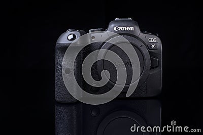 Canon R6 Full Frame Mirrorless Camera on Black Background Editorial Stock Photo