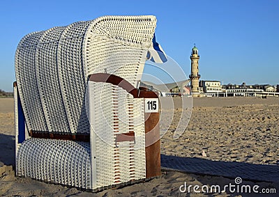 Canopied beach chair at beach WarnemÃ¼nde Stock Photo