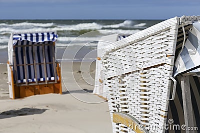 A canopied beach chairs, sandy beach in Kolobrzeg Stock Photo
