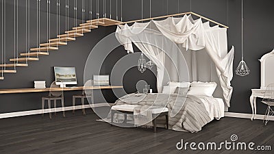 Canopy bed in minimalistic gray bedroom with home workplace, scandinavian classic interior design Stock Photo