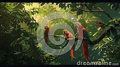 Canopy creatures interaction, birdseye view, bright indirect light, painting with digital smoothness , 3D style Stock Photo