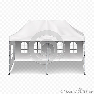 Canopy tent with back, side walls and clear windows. Blank white gazebo. Outdoor summer event portable marquee Vector Illustration