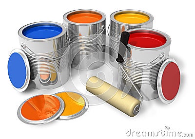 Cans with color paint and roller brush Stock Photo