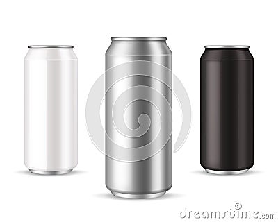 Cans metallic. Realistic aluminum can collection. White silver and black blank packaging template for cold drink, soda Vector Illustration