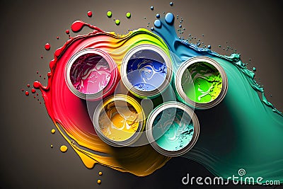 Cans of paint of different colors, top view. Generative AI Stock Photo