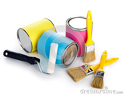 Cans of paint and paintbrush isolated on white background Stock Photo