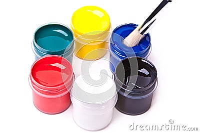 Cans of paints with a paint-brush in blue Stock Photo