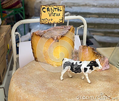 Cantal cheese for sale at local market in Provence Stock Photo