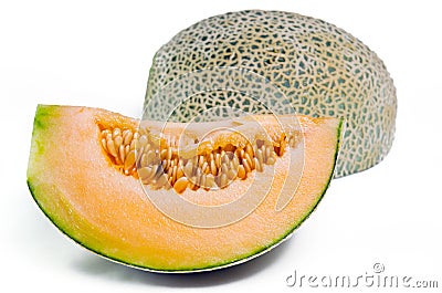Cantaloupe or Charentais melon with half and seeds on white Stock Photo