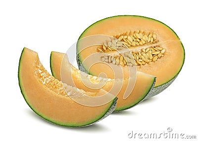 Cantaloupe melon and pieces horizontal isolated on white Stock Photo