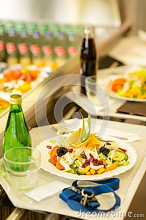 Canteen serving tray healthy food fresh salad Stock Photo
