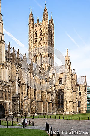 Canterbury Cathedral into the summer sunset. Canterbury, Kent, E Stock Photo