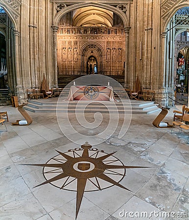 Compass rose of the Anglican Communion and altar in the central nave of the Canterbury Cathedral Editorial Stock Photo