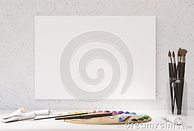 Canvas above desktop with tools Stock Photo