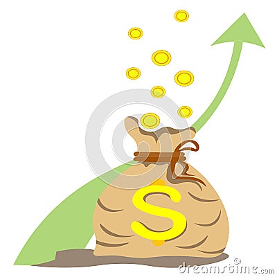 canvas bag on rope with money and gold coins flying from above. growth arrow is up. concept of savings income, growth Vector Illustration