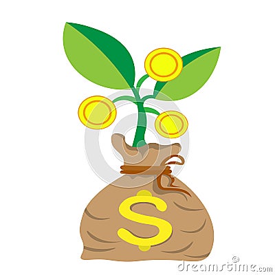 canvas bag with rope is stuffed with coins and money from which young sprout grows. concept of Growth, increased earnings, capital Vector Illustration