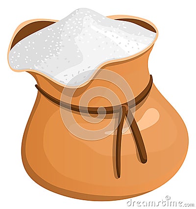 Canvas bag with white powder. Cartoon flour or sugar Vector Illustration